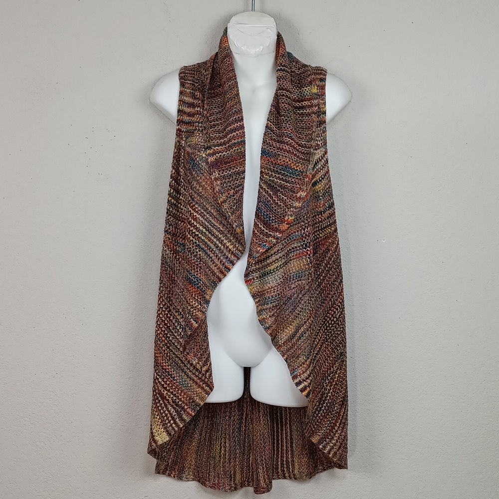 Womens Multicolor Open Front Sweater Crochet Knit Long Vest sz L Boho Fairycore